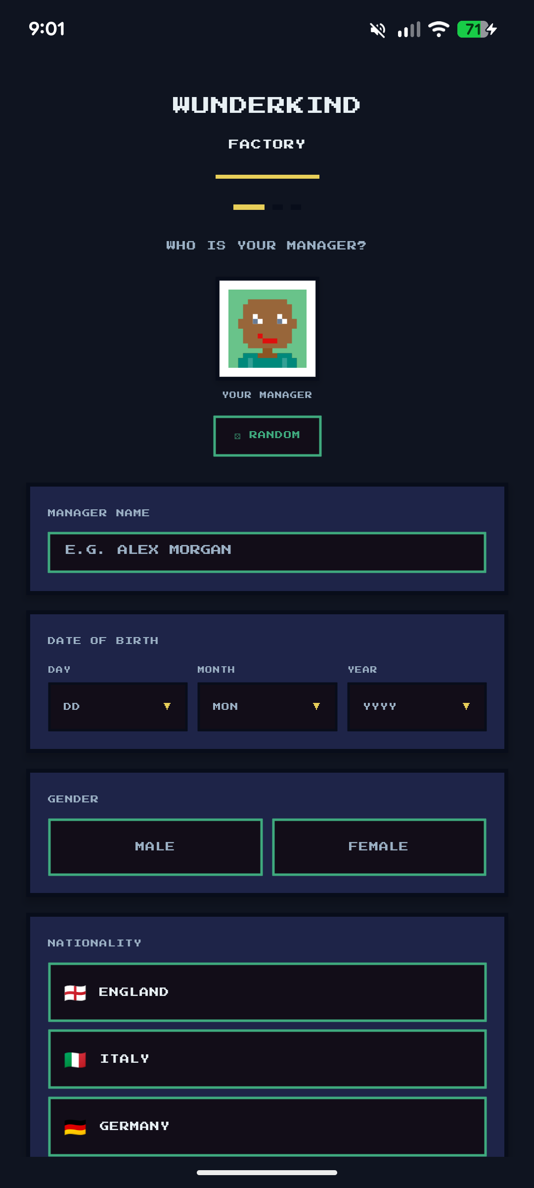 Manager creation form — pixel avatar, name, date of birth and gender fields blank