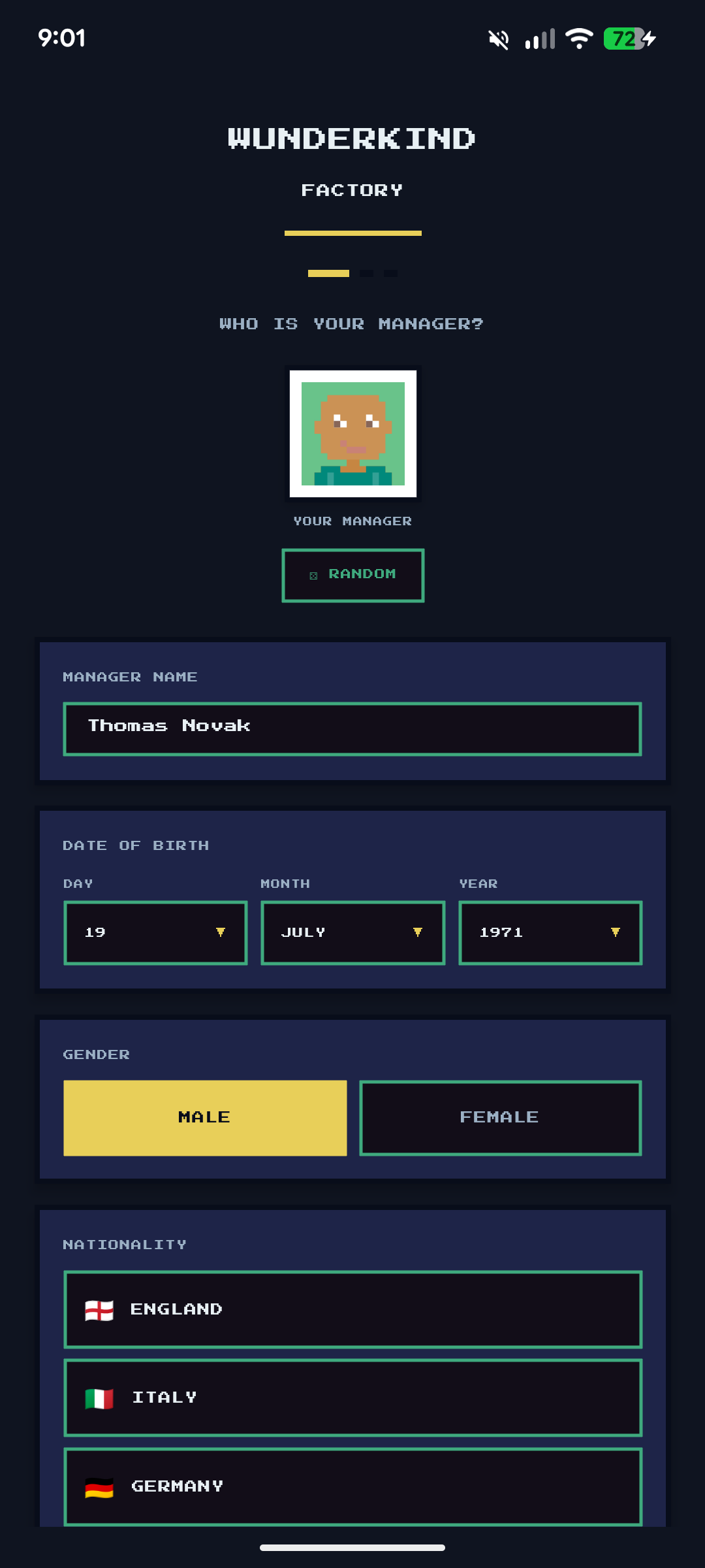 Manager creation filled — Thomas Novak, born 19 July 1971, Male