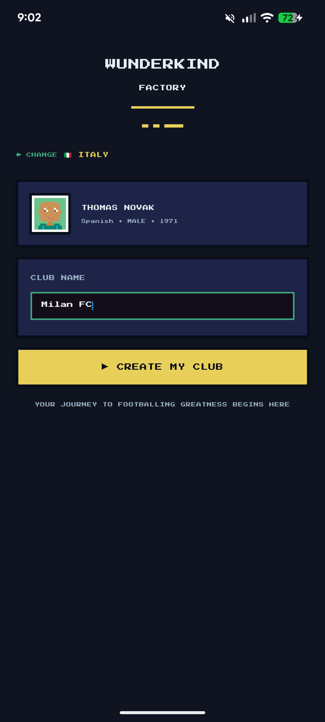 Club setup step — name your club Milan FC, Create My Club button