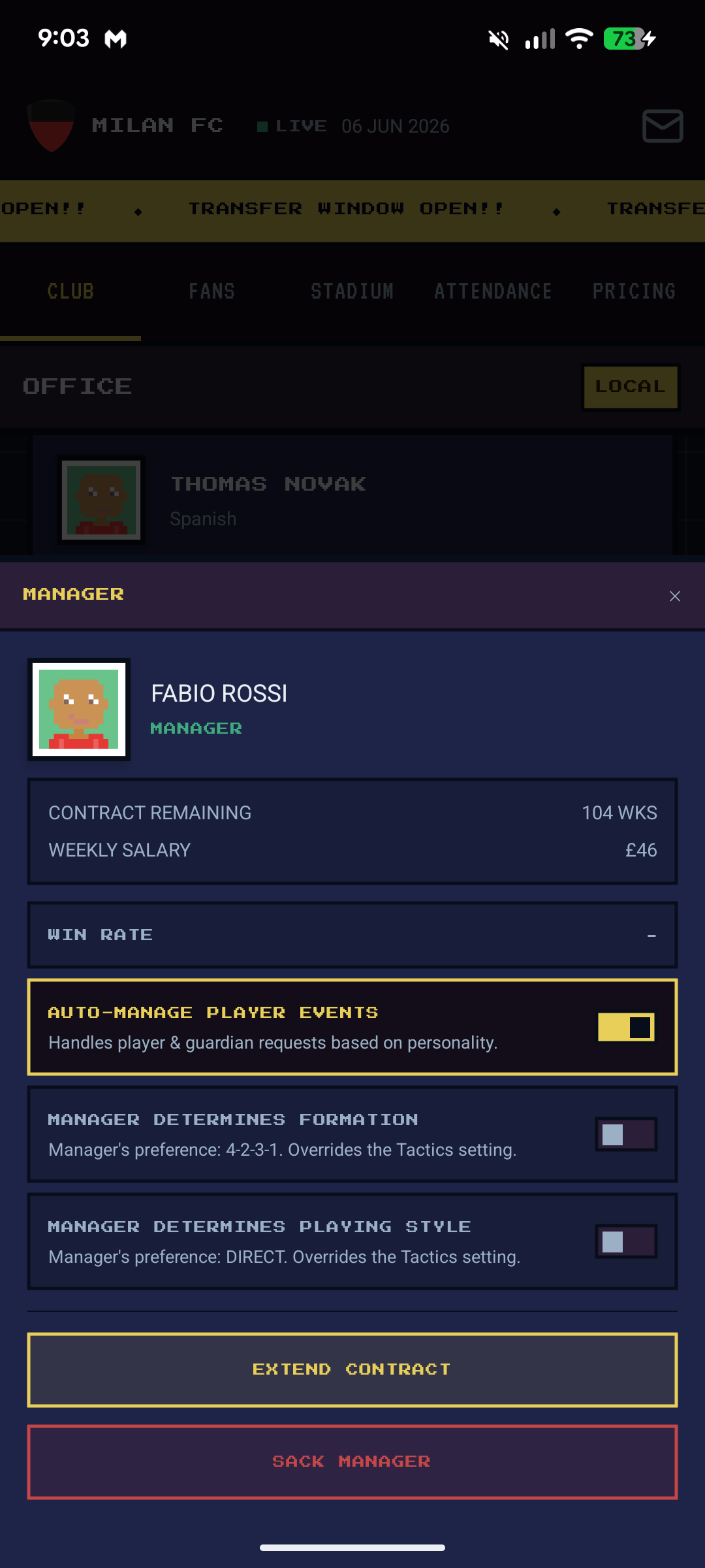 Club office — Manager Fabio Rossi modal with contract, salary and auto-manage toggle