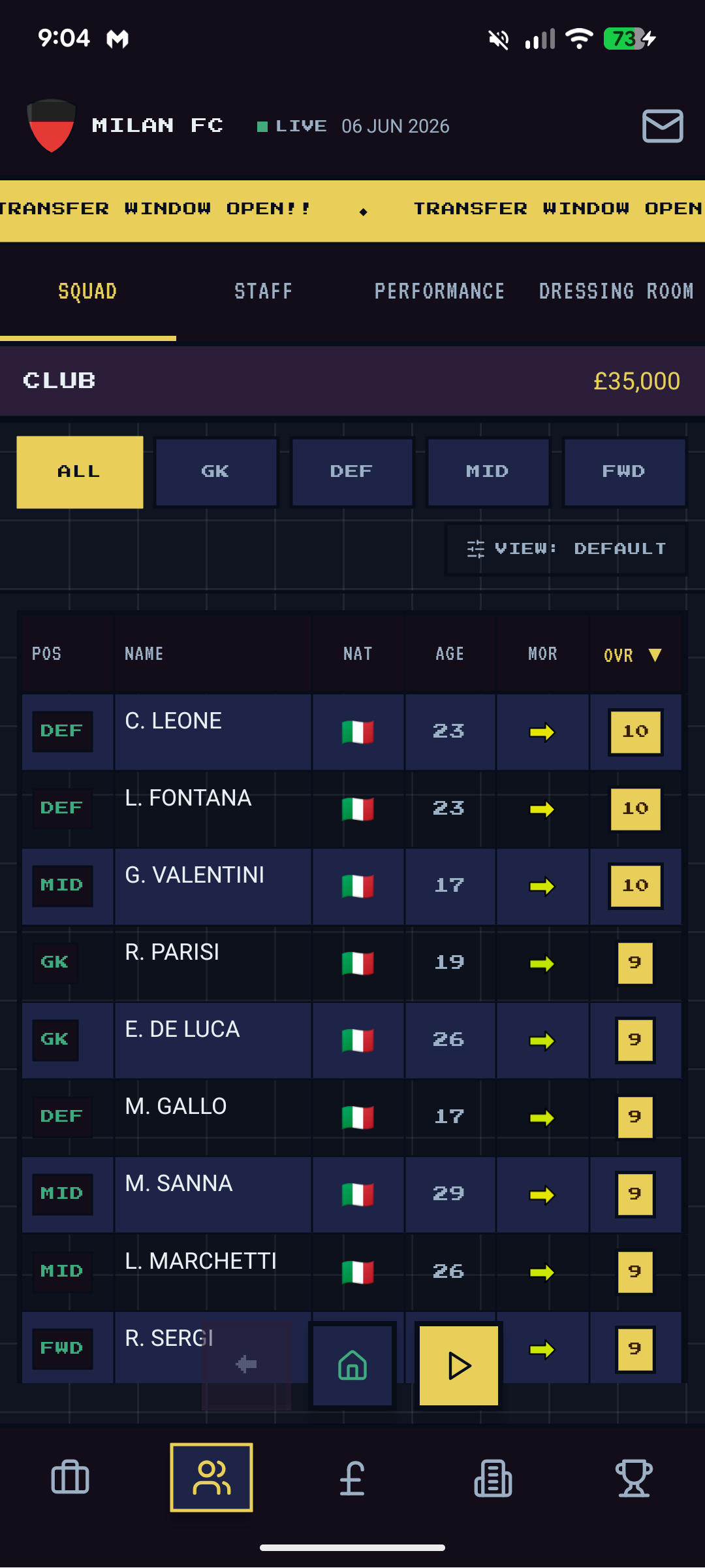 Squad tab showing all players sorted by overall rating with club balance £35,000
