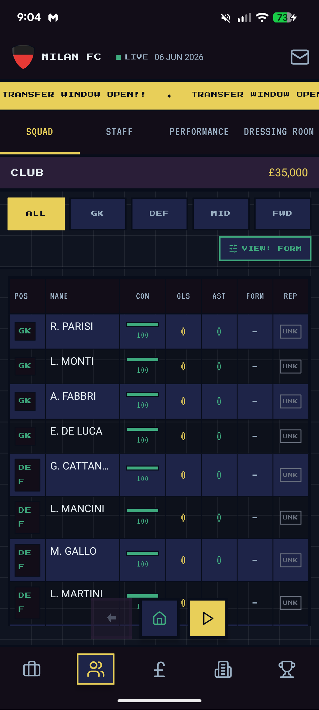 Squad form view showing contract status, goals, assists, form and reputation columns