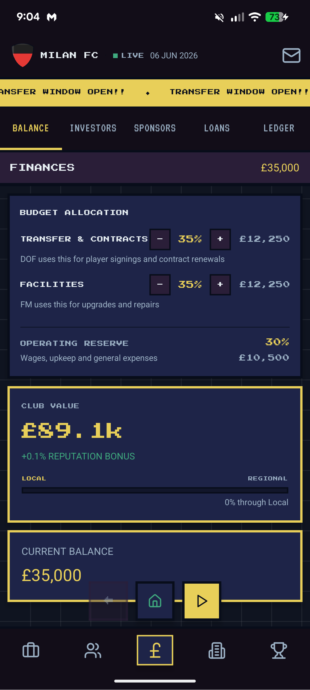 Finances — balance tab showing budget allocation and club value £89,100