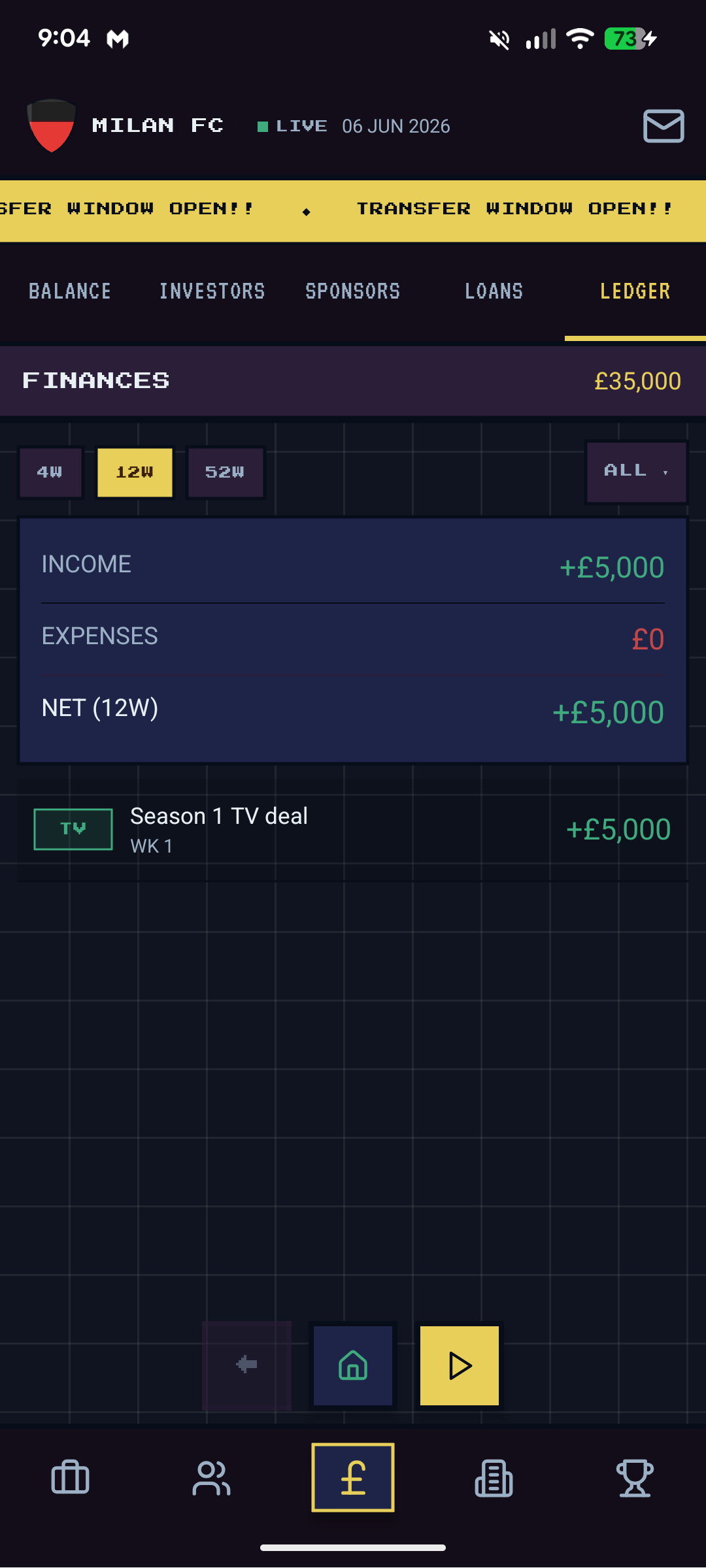 Finance ledger — 12-week view showing Season 1 TV deal income of £5,000