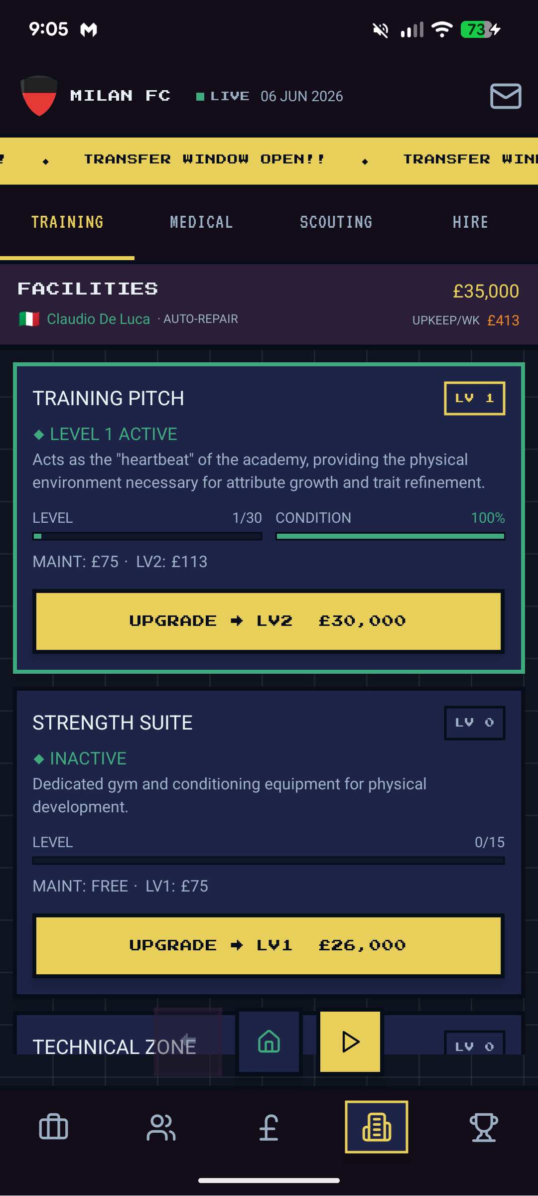Facilities — Training tab showing Training Pitch Level 1 active, Strength Suite Level 0 inactive