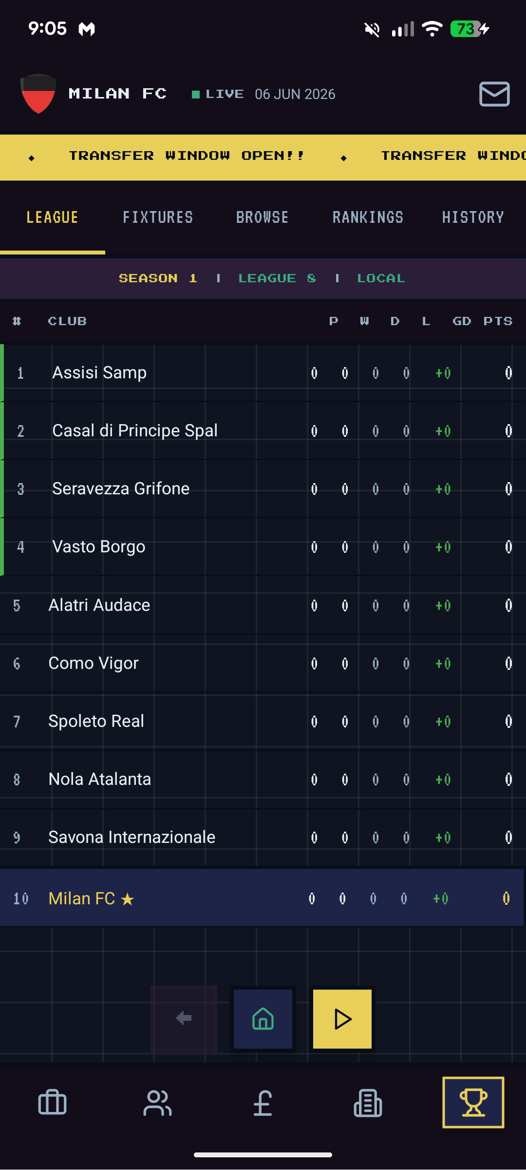 Competition screen — Season 1 League 8 LOCAL, full 10-club table with Milan FC 10th