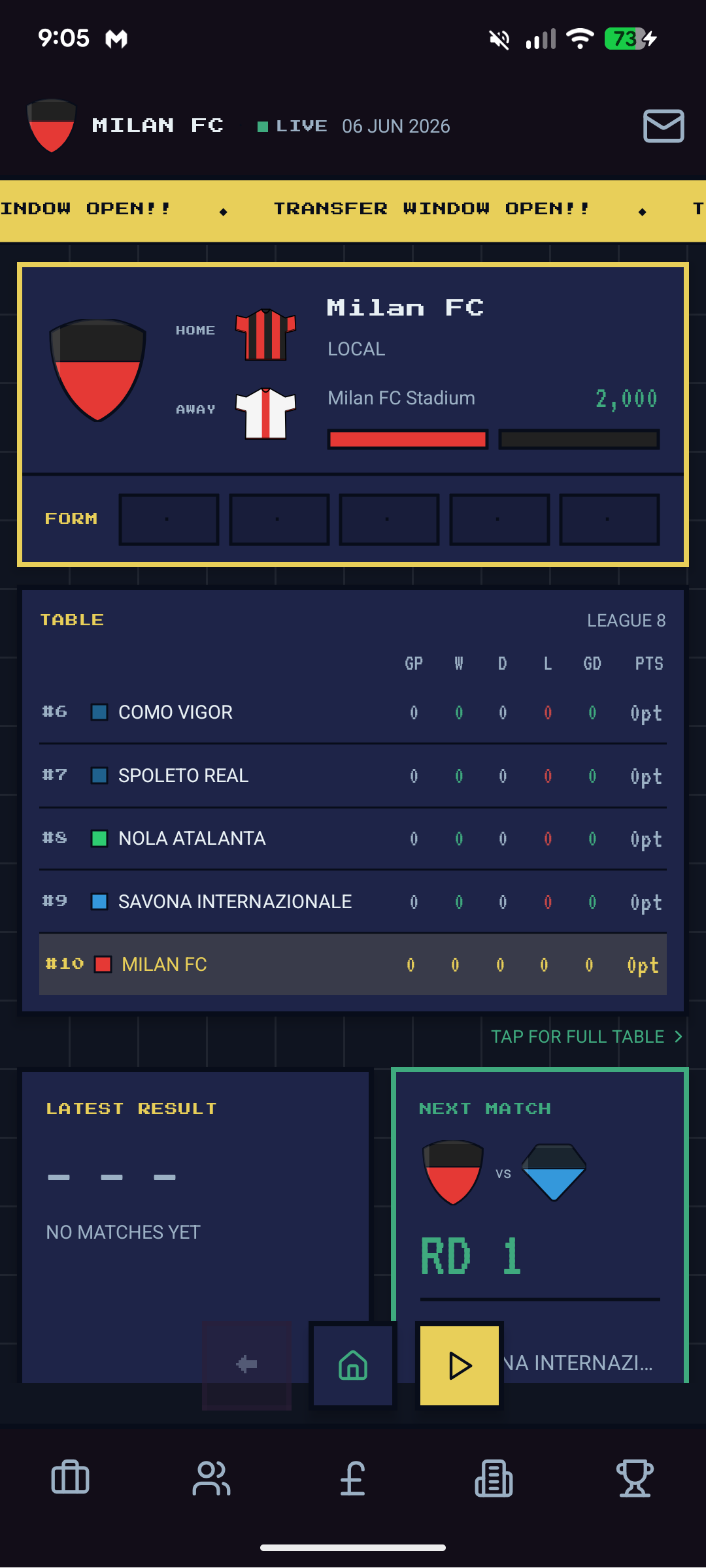 Club hub at season start — Milan FC red and black badge, League 8 table, Round 1 next