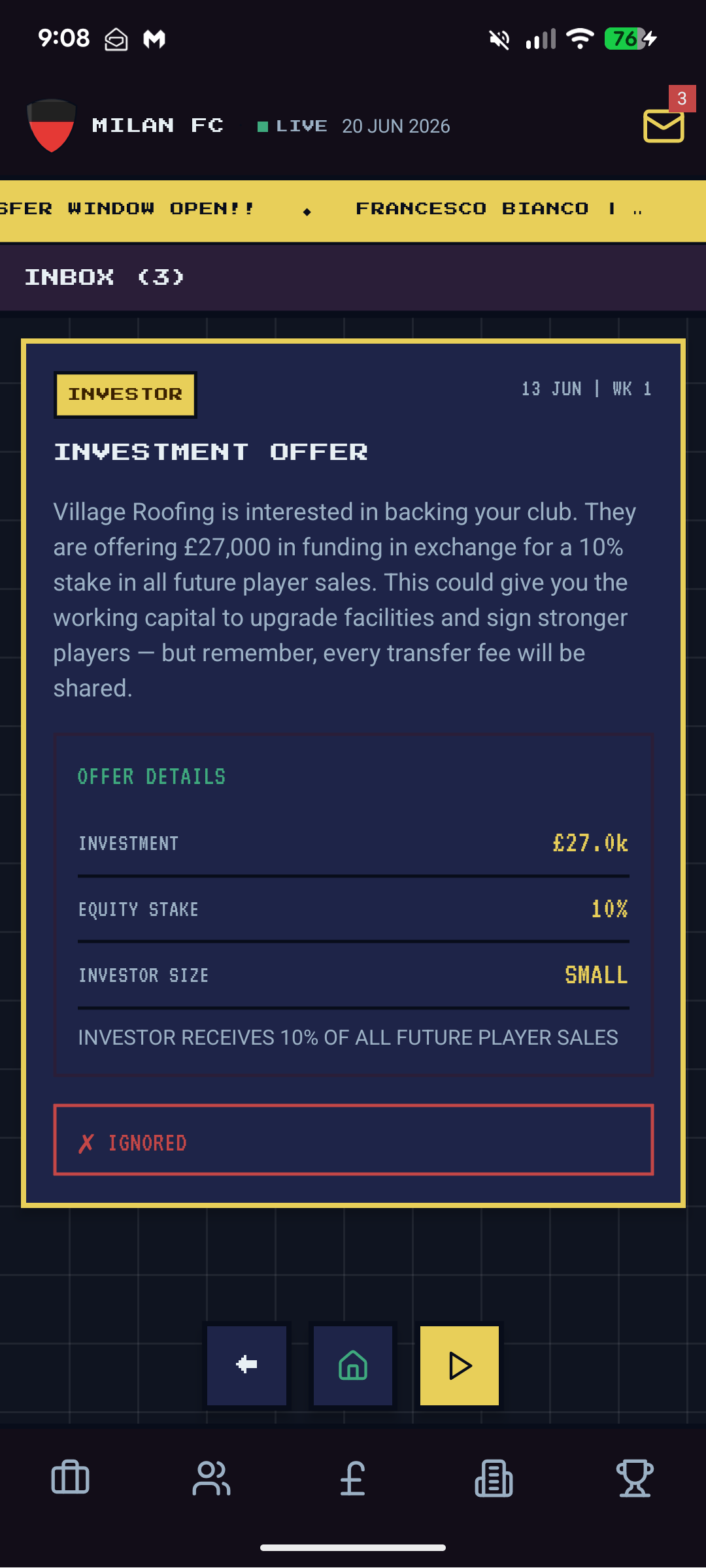 Investment offer detail — Village Roofing £27,000 for 10% stake, marked IGNORED