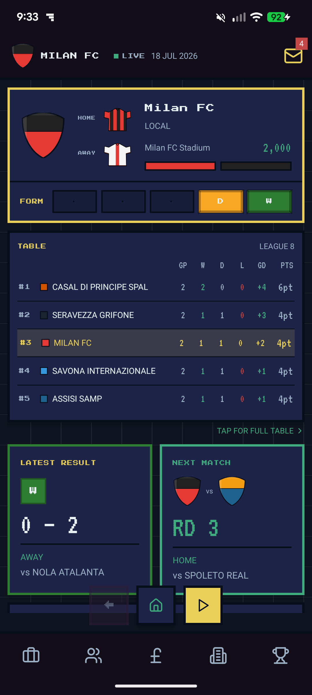Club hub mid-season — Milan FC 3rd in League 8 after 2 games with form W away