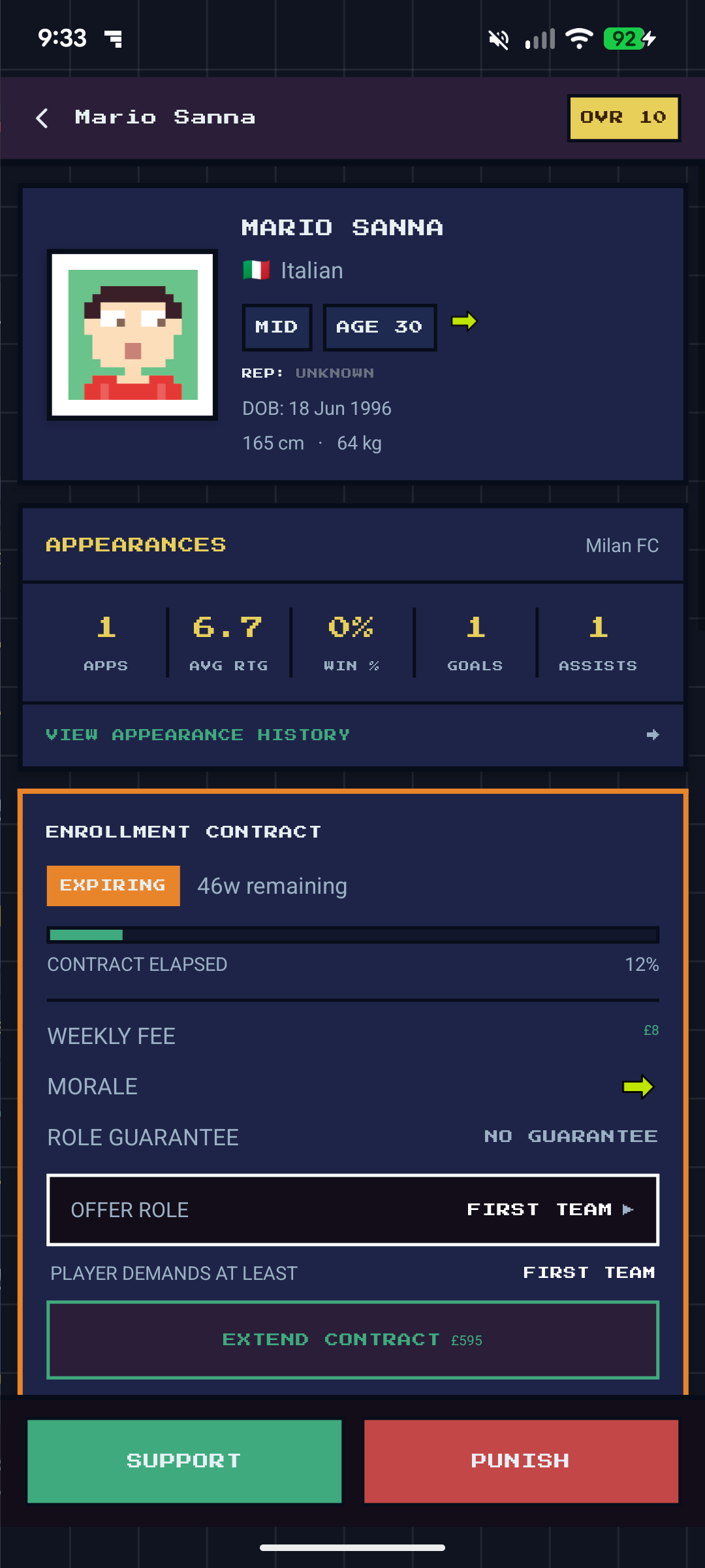 Player profile — Mario Sanna, Midfielder age 30, enrollment contract with 46 weeks remaining