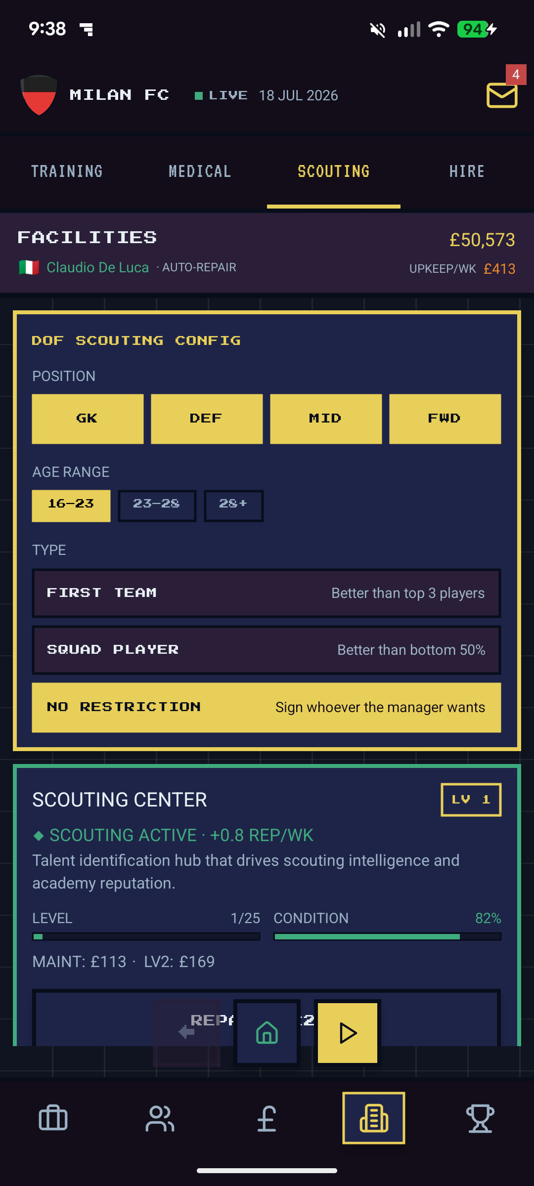 Facilities — Scouting tab showing DOF scouting config filters and Scouting Centre Level 1