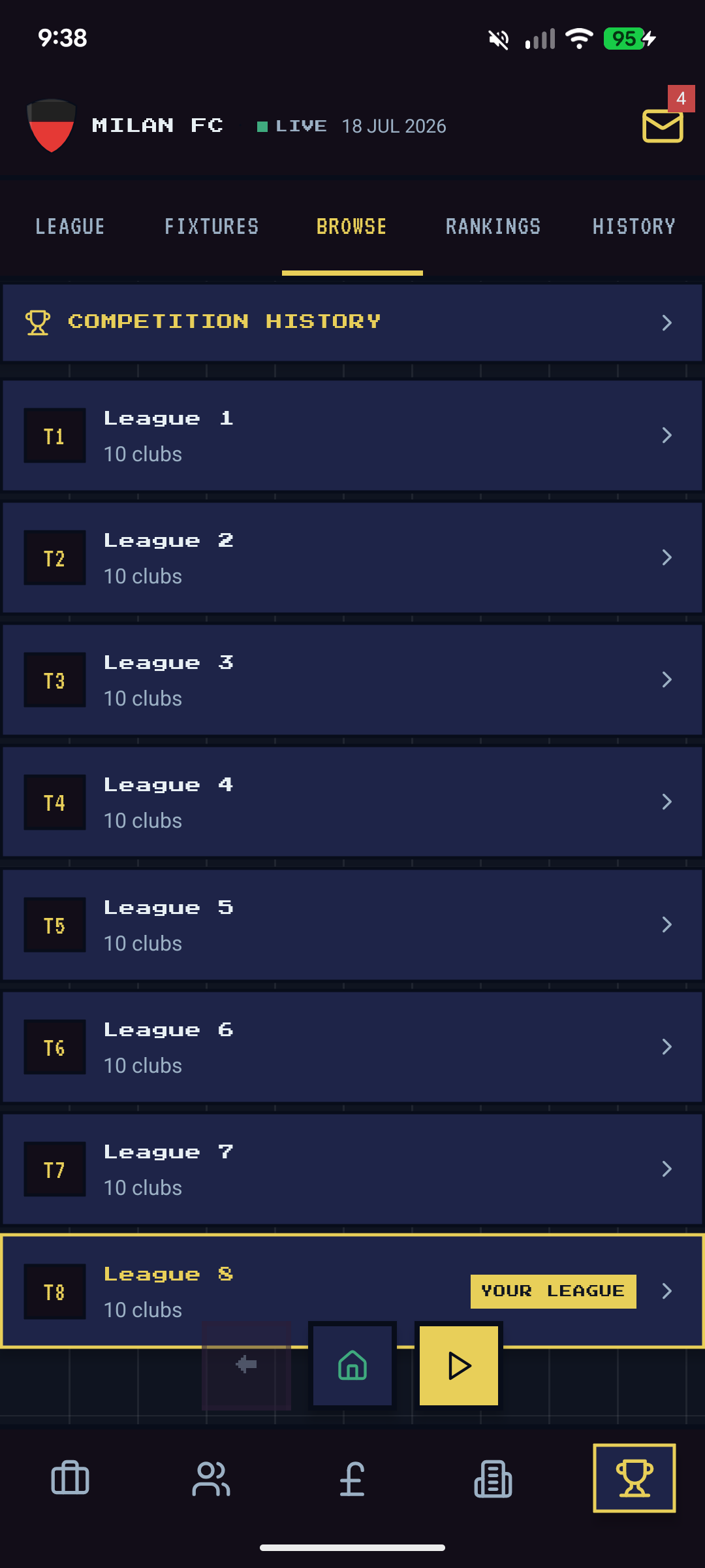 Browse tab showing League 1 through League 8 with YOUR LEAGUE badge on League 8