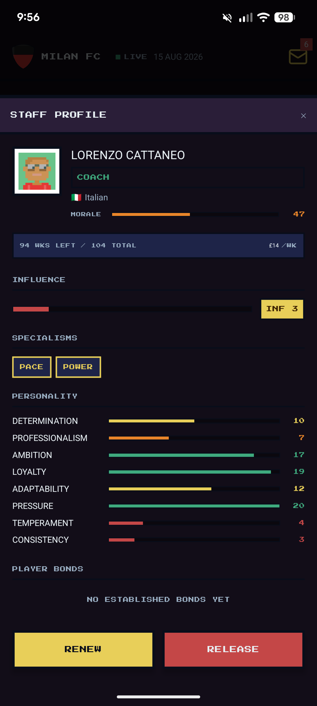 Staff profile for Coach Lorenzo Cattaneo showing Pace and Power specialisms and personality traits