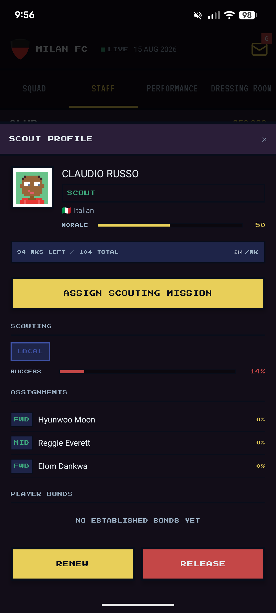 Scout profile — Claudio Russo, Local scout with 14% success rate and 3 player assignments