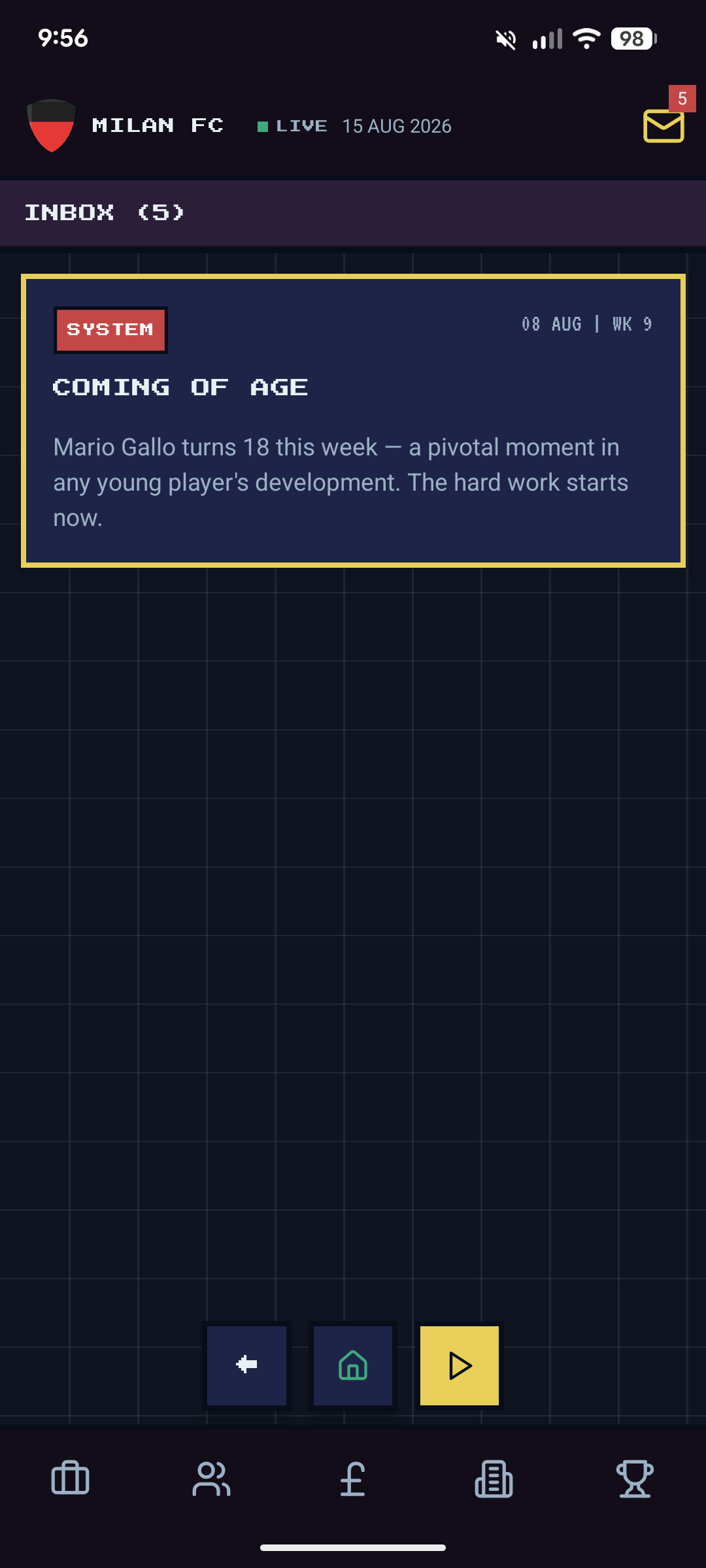 Inbox narrative — Coming of Age system message, Mario Gallo turns 18 in Week 9