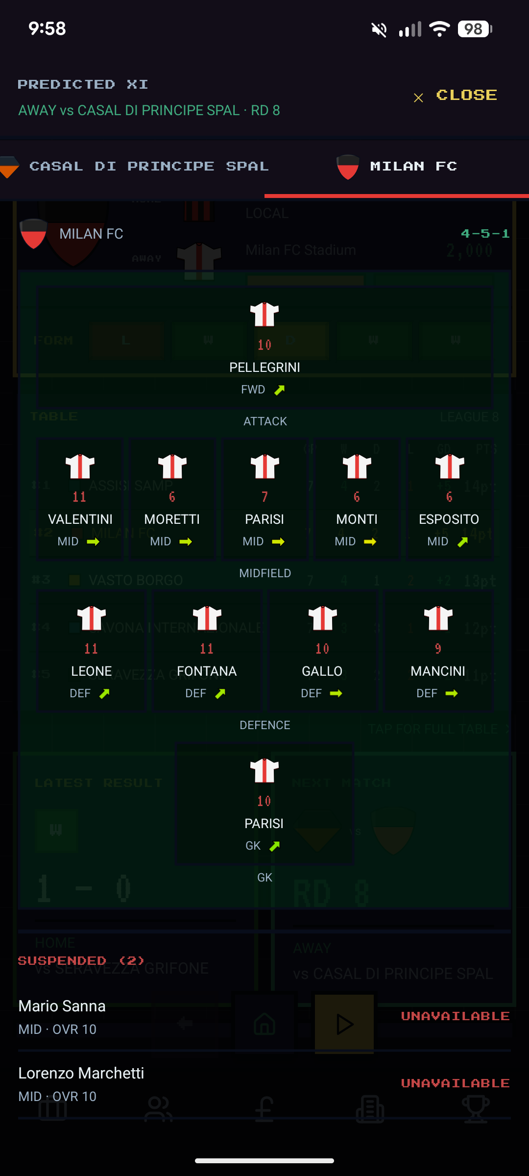 Predicted XI — 4-5-1 vs Casal di Principe Spal Round 8, two suspended players shown as unavailable