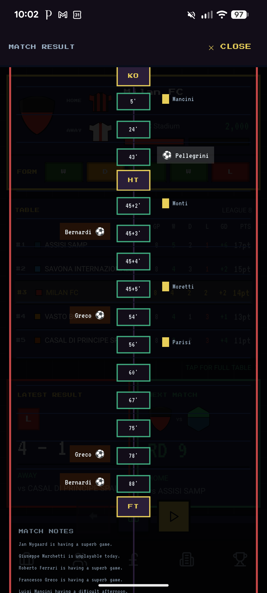 Match events timeline from kick-off to full time with goals, cards and match notes