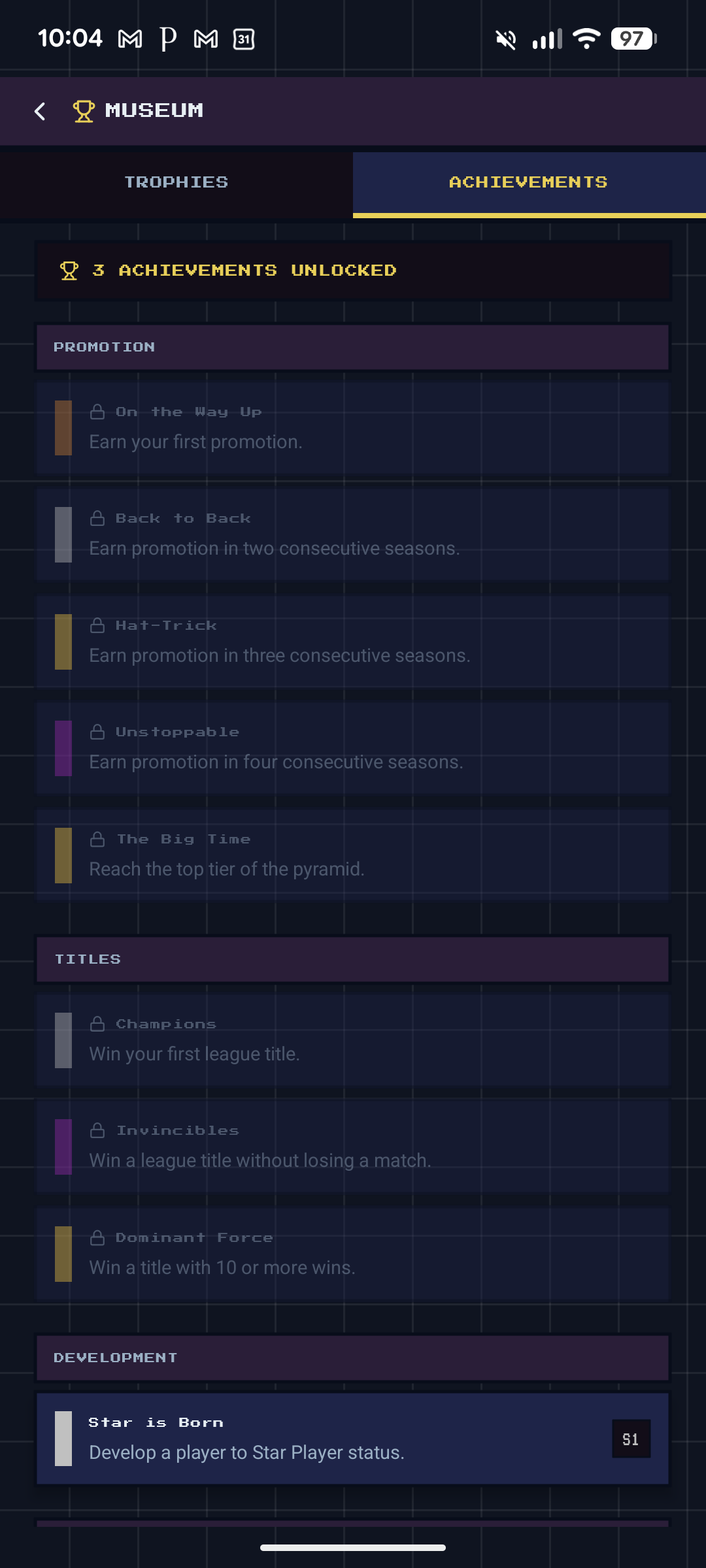 Museum — Achievements tab showing 3 unlocked, Promotion and Titles categories, Star is Born achievement