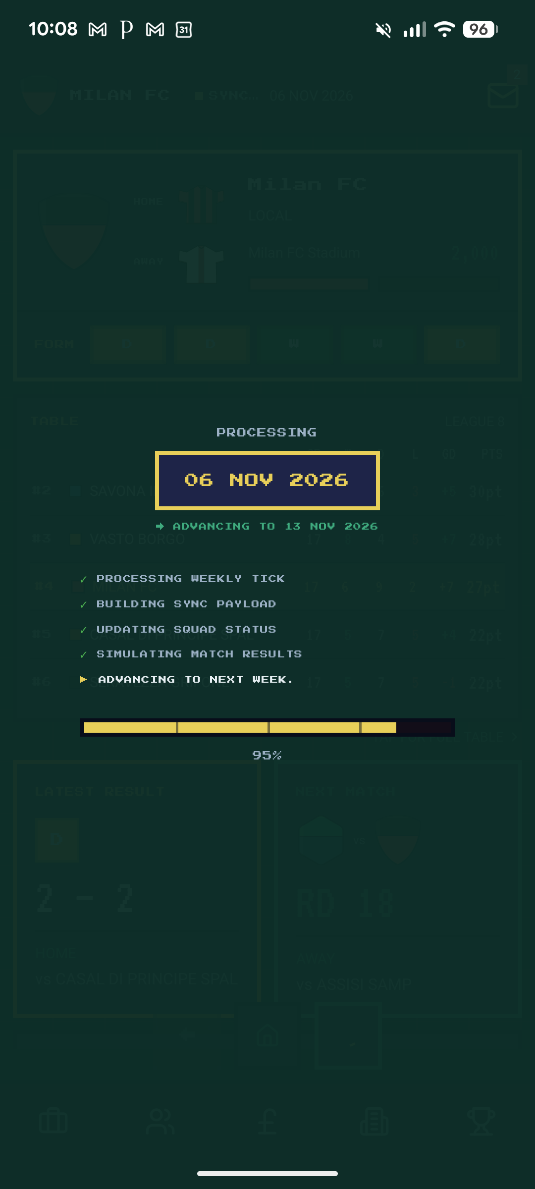 Weekly tick processing — 06 Nov 2026, advancing to 13 Nov 2026, 95% progress