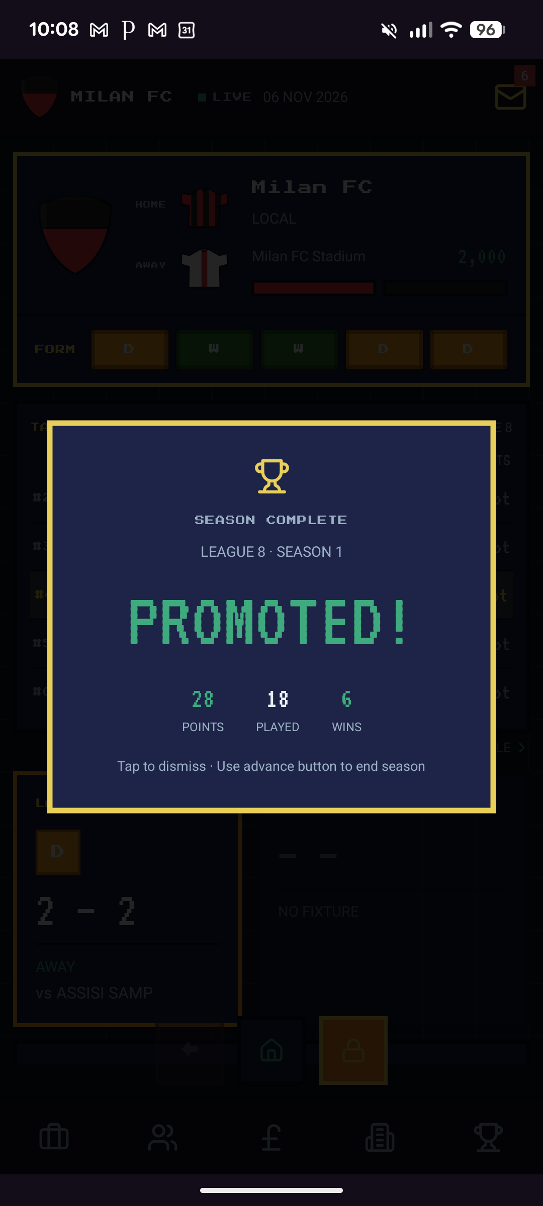 PROMOTED! modal — Milan FC earn promotion from League 8 Season 1 with 28 points