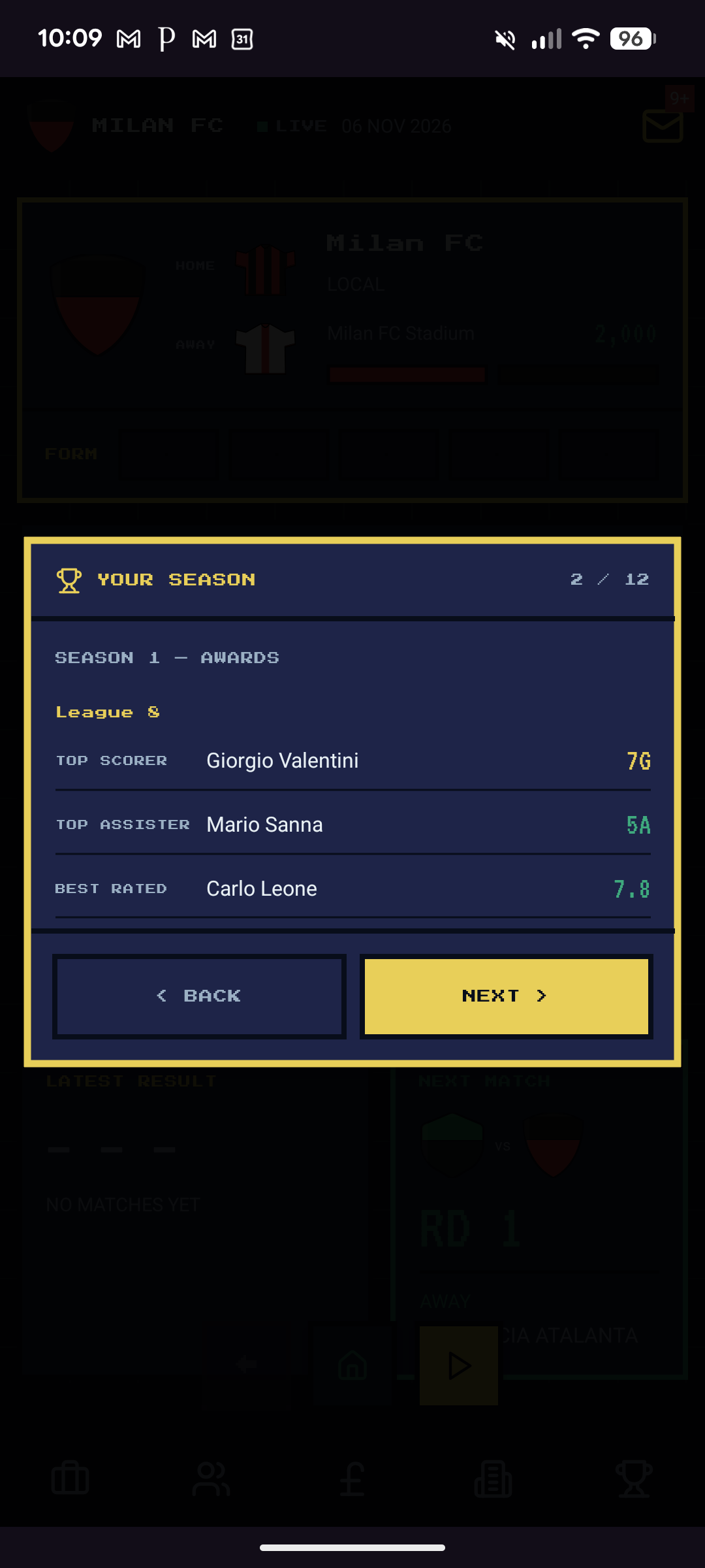 Your Season awards — Giorgio Valentini top scorer 7 goals, Mario Sanna top assister 5, Carlo Leone best rated 7.8