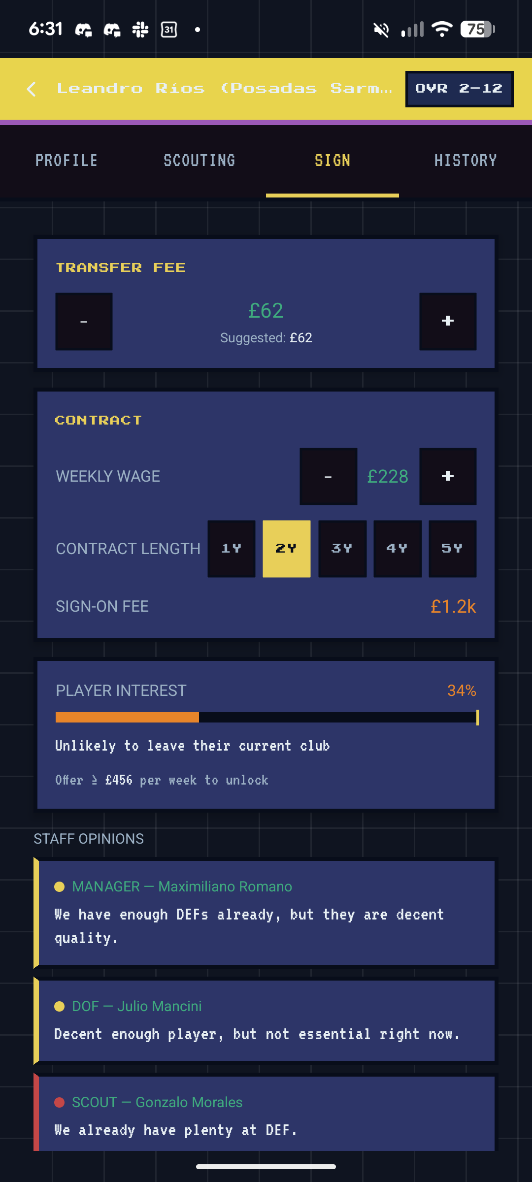 Player signing — contract negotiation tab with transfer fee, weekly wage, player interest 34%, staff opinions