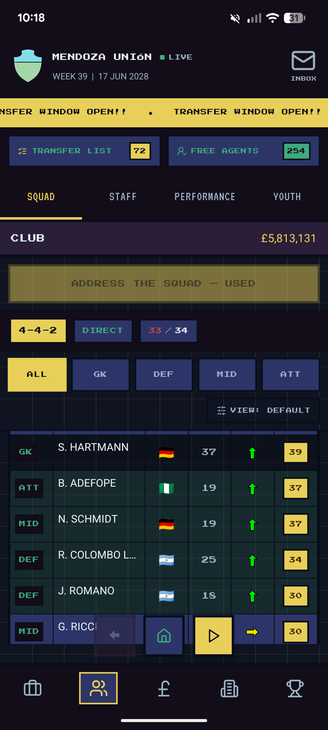 Squad tab — 4-4-2 DIRECT formation, 33/34 squad registered, players sorted by overall rating