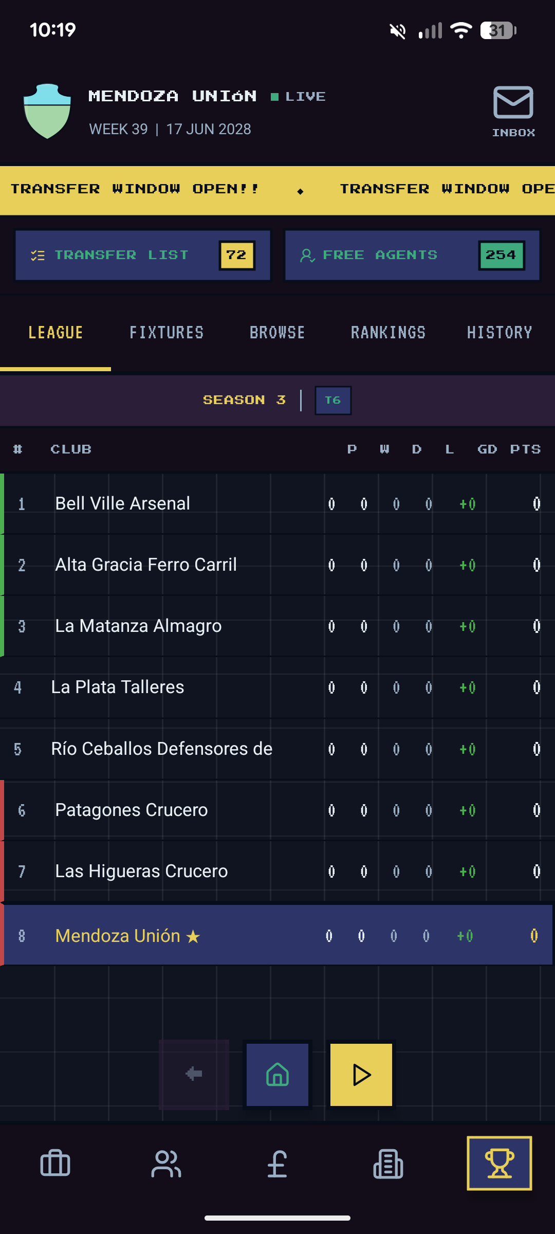 League table — Season 3 Tier 6, 8 clubs, Mendoza Unión entering the world at position 8