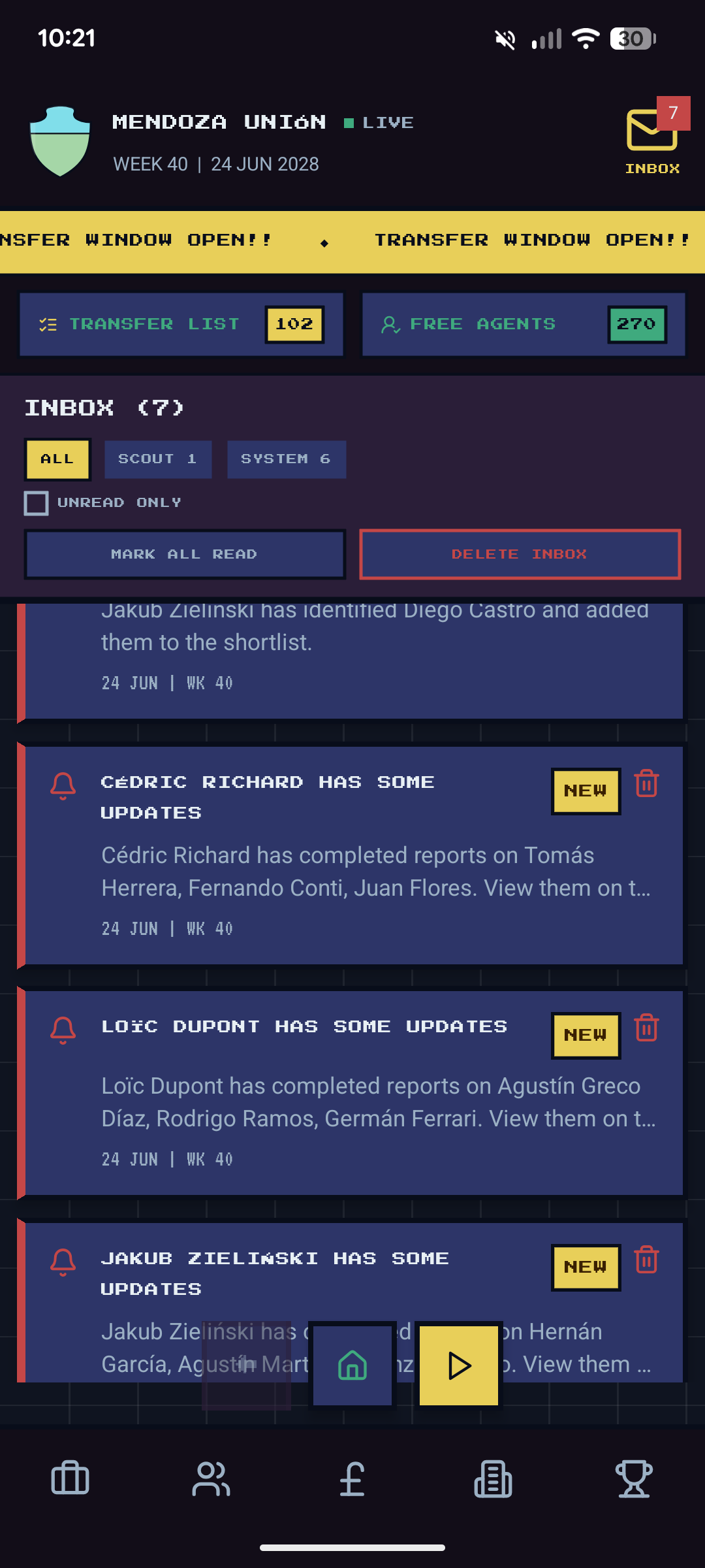 Inbox with 7 scout update messages — Cédric Richard, Loïc Dupont, Jakub Zieliński reports marked NEW