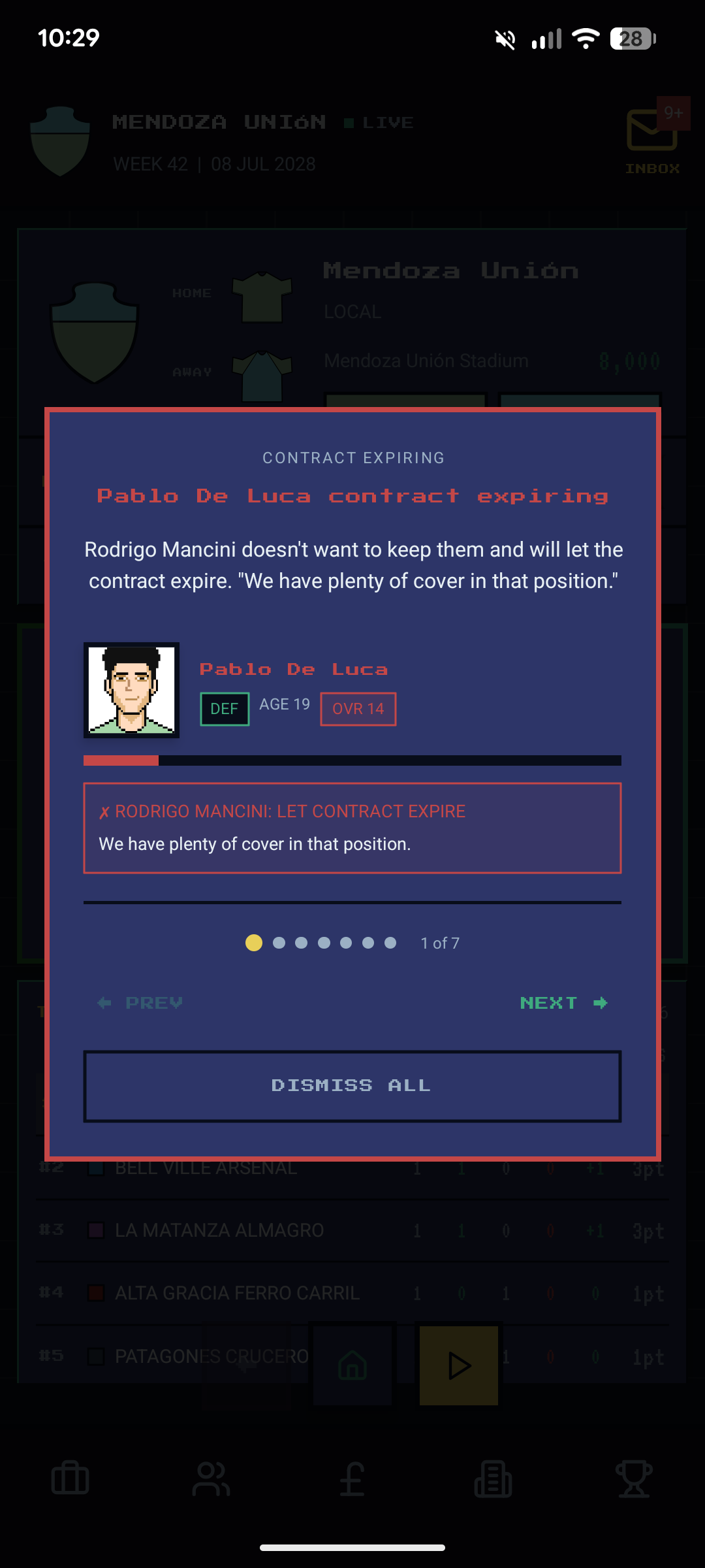 Contract expiring alert — manager Rodrigo Mancini decides to let Pablo De Luca contract expire. Real consequences.