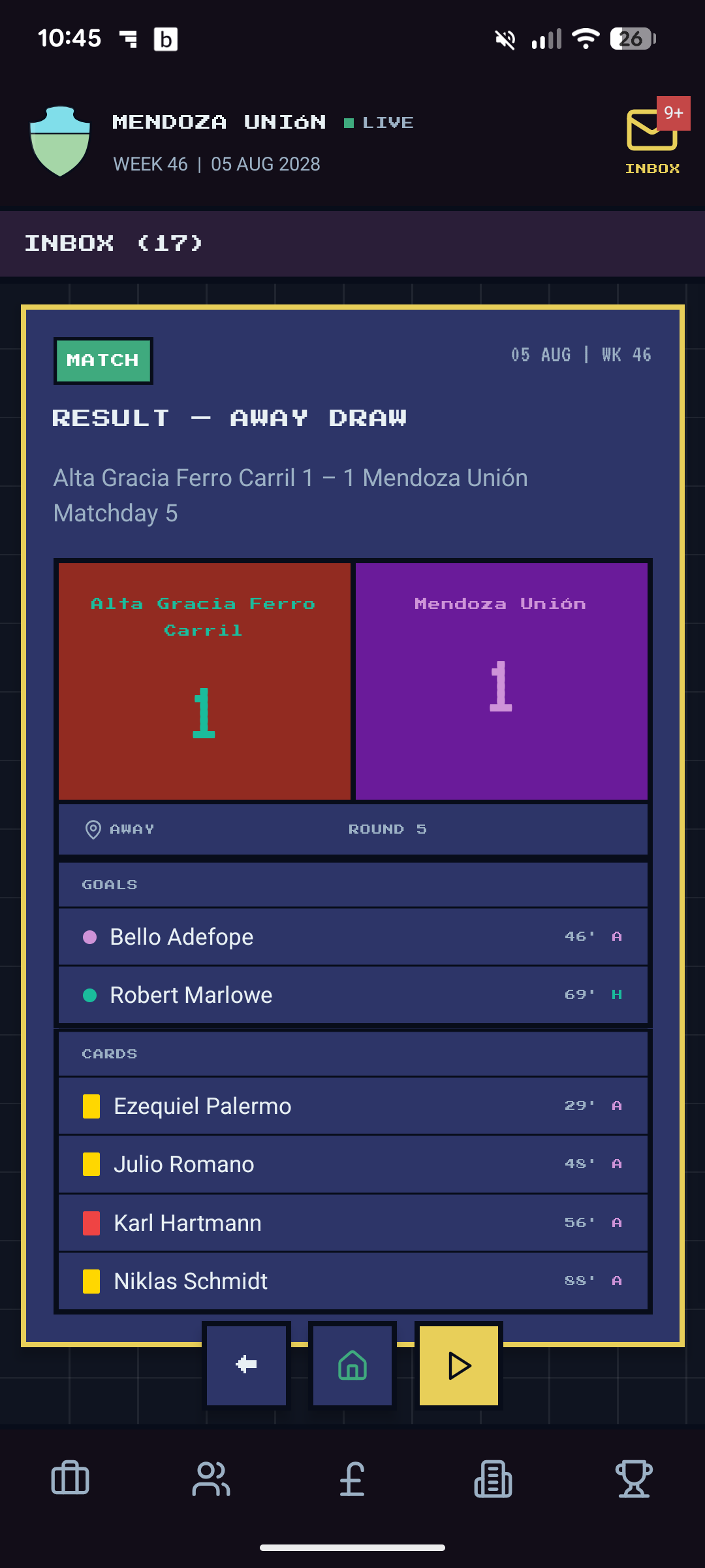 Match result inbox — away draw: Alta Gracia Ferro Carril 1–1 Mendoza Unión, Round 5, Matchday 5