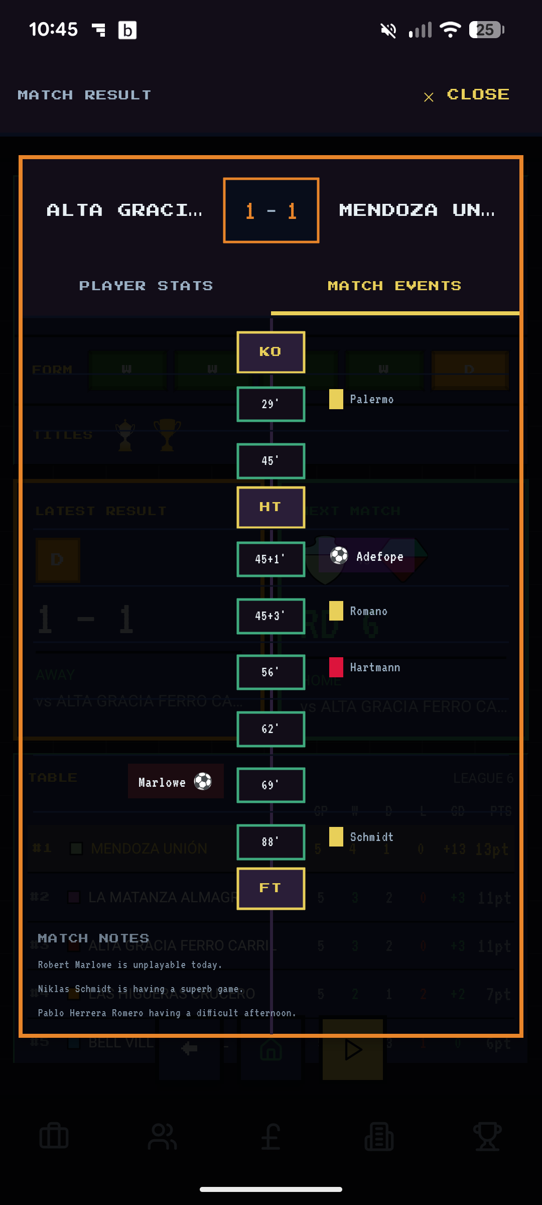 Match events timeline — kick-off to full time, goals scored at 45+1 and 69 minutes, red card at 56 minutes