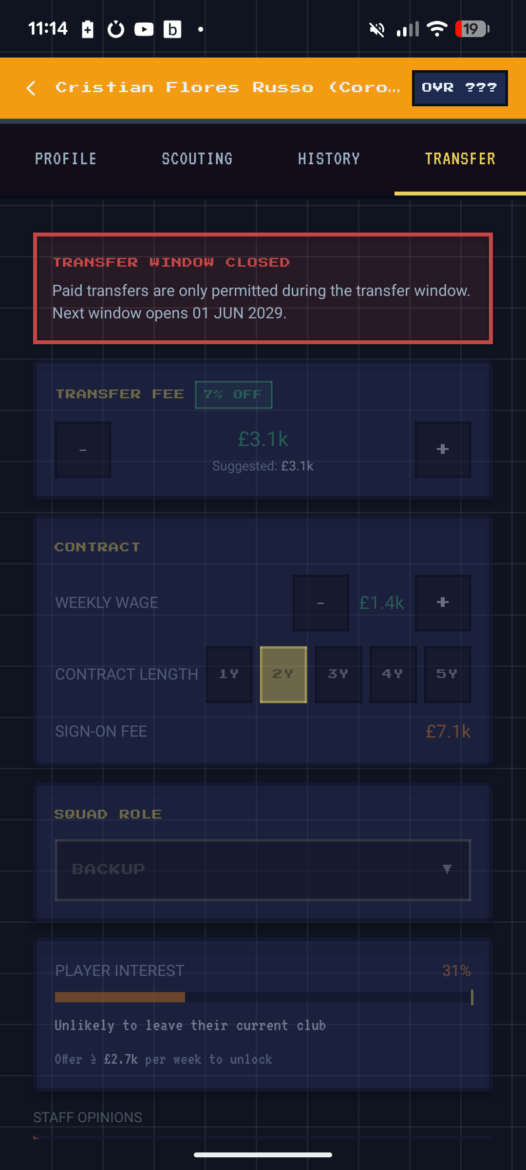 Build My Club — end of session overview showing squad and competitive standing